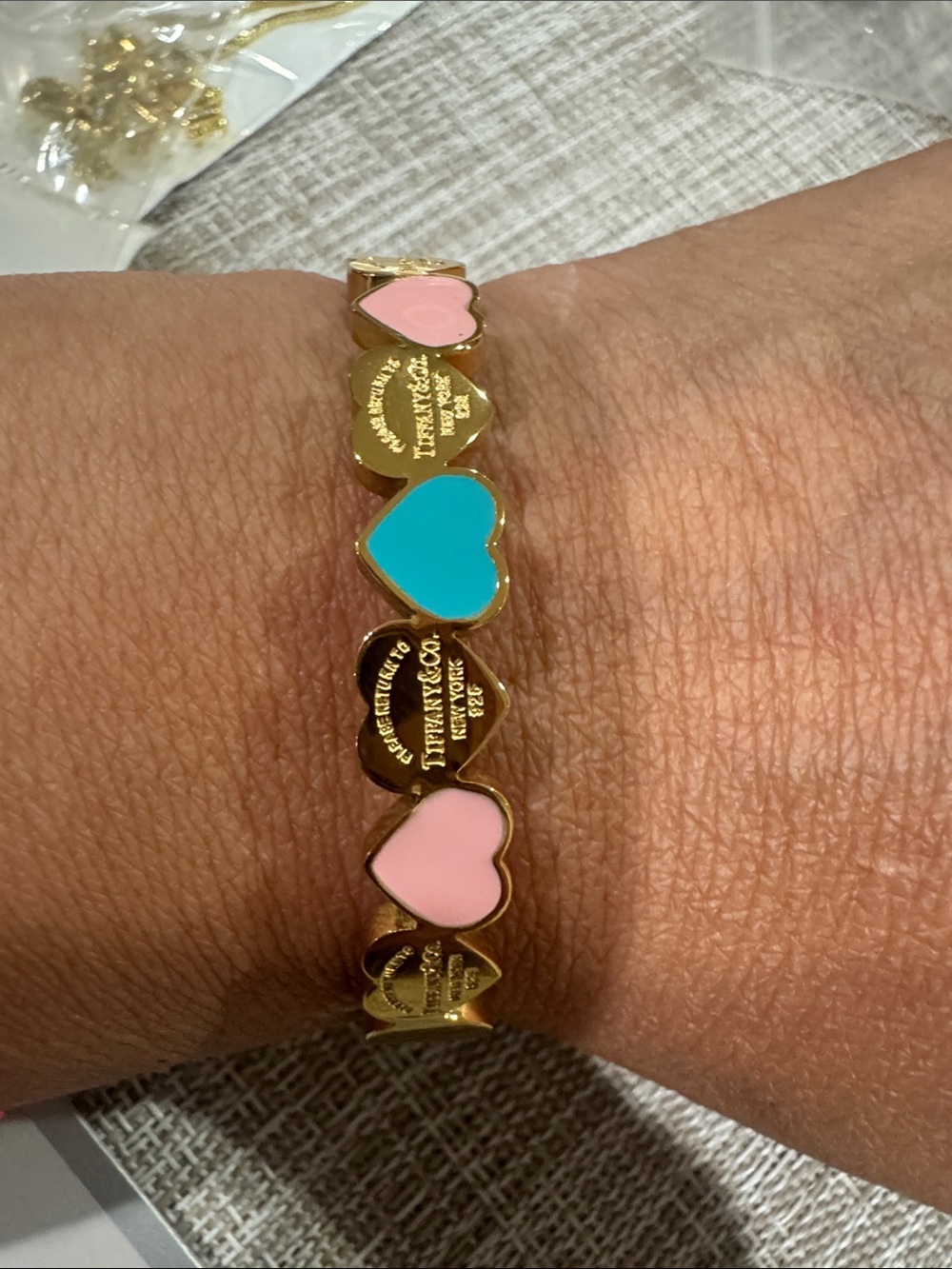 Very small bracelet for size 6Gold Heart Bracelet with Pink and Turquoise Enamel